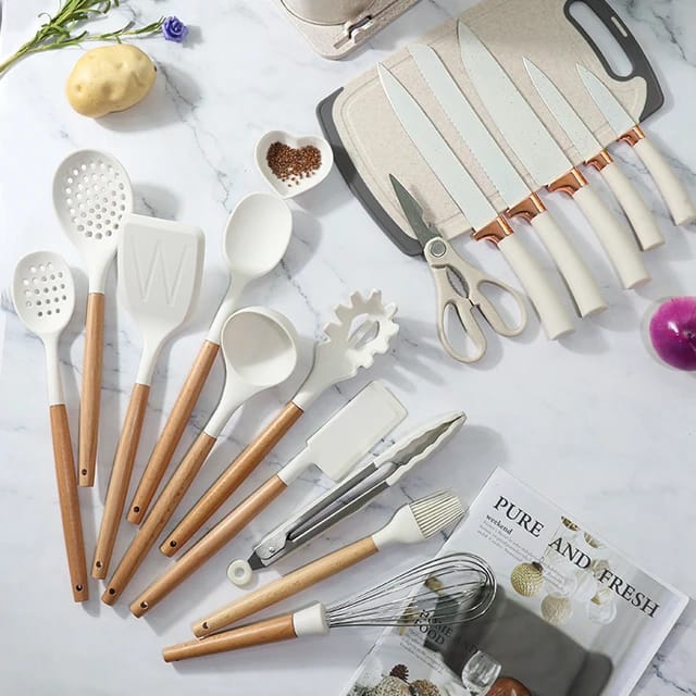 19Pcs Kitchen Utensils With Knife Set ( White color )